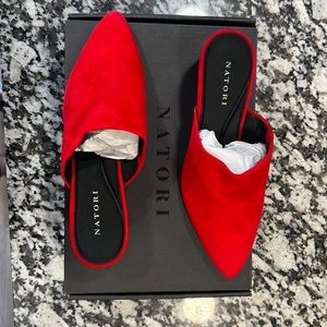 Red Natori suede mules, size 7